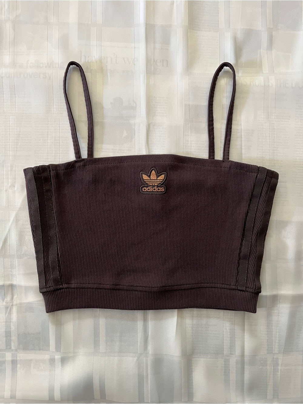 adidas Brown Ribbed Cropped Tank with Trefoil Logo